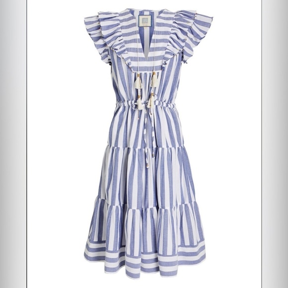 Bell Kerry blue/white stripe flutter sleeve cotton midi dress size small - Picture 3 of 16